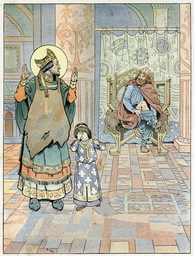 Saint Eloi (v. 588-659) poukazuje na francouzského krále Dagoberta I. (602 nebo 605-638 nebo 639), že jeho kalhoty byly obráceny (spodky naruby). ve „Francii, jeho příběh vyprávěl G. Montorgueil, imagee by Job““ 1896. Soukromá sbírka. od pseudonym for Onfray de Breville Jacques Job