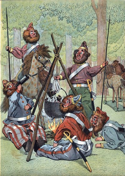 Scéna z dějin Francie v hračkách: Po epizodě ruského ústupu během napoleonské války (1812) si kozáci v roce 1814 postavili svůj bivak na Champs Elysees v Paříži. Joujoux de deux p od pseudonym for Onfray de Breville Jacques Job