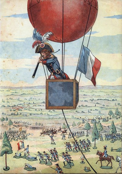 Scéna z dějin Francie v hračkách: Bitva u Fleurus 26. června 1794 a první použití pozorovacího balónu kapitánem Jeanem Marie Josephem (Jean-Marie-Joseph) Coutellem (1748-1835) s dlouhým výhledem - V “ ” Pojďme si zahrát historii: Francie zinscenovala vtip od pseudonym for Onfray de Breville Jacques Job