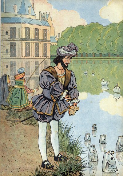 Scéna z dějin Francie v hračkách: Francouzský král Francois I. (1494-1547) dává chléb rybám z parku Fontainebleau. V “” Joujoux a l