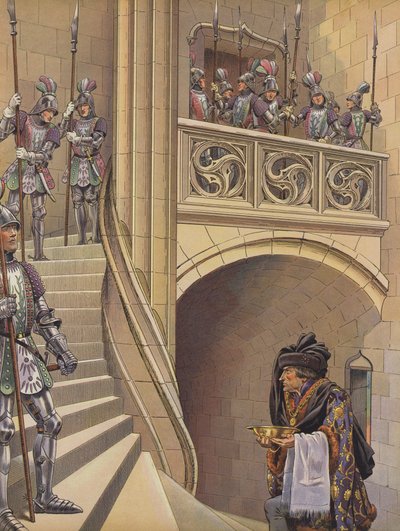 Holič vyšplhal po schodech směrem ke Králově komnatě kolem četných ozbrojených stráží (barva litho) od pseudonym for Onfray de Breville Jacques Job