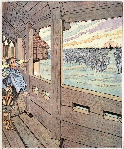 Železný muž, tohle je Karel Veliký. Oggerova slova králi Langobardů Didierovi, když v roce 774 sestřelil krále Karla Velikého nebo Karla I. Velikého (742-814) z vrcholu hradeb Pavie. Ilustrace Job (Jacques Marie Gaston Onfray a Breville od pseudonym for Onfray de Breville Jacques Job