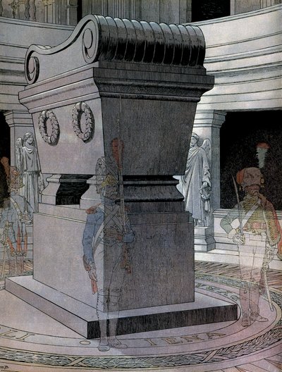 Hrobka císaře Napoleona I. Bonaparta (1769-1821) v Invalidovně se strážci duchů. Ve filmu „Napoleon“ od Georgese Montorgueila. Ilustrace Jacques Marie Gaston Onfray de Breville dit JOB (1858-1931) od pseudonym for Onfray de Breville Jacques Job