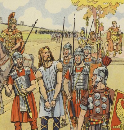 Vercingetorix se vzdává Juliu Caesarovi, 52 př.nl (barva litho) od pseudonym for Onfray de Breville Jacques Job