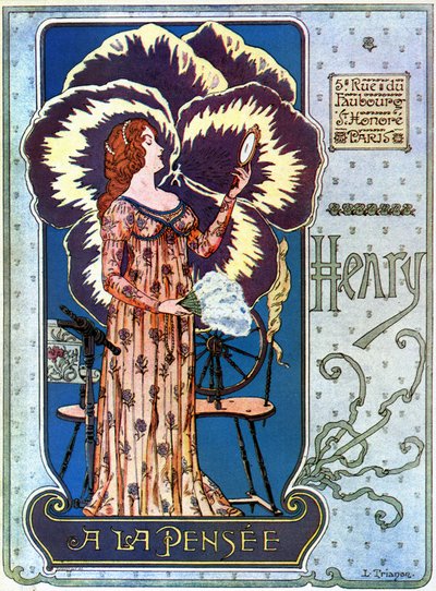 Art Nouveau: reklamní plakát pro obchod s kosmetikou „Henry a la Thought“ v Paříži. Mladá žena se obdivuje v zrcadle, za ní květ myšlenek. Ilustrace L. Trianona od pseudonym of Trinquier Louis Trinquier-Trianon