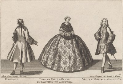 Frock kabát/dáma v zimních šatech s rukávníkem/saketem a zlatým látkovým potahem od published by Jacques Chéreau