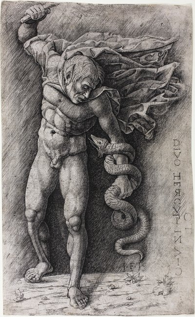 Faun útočí na hada od school of Andrea Mantegna