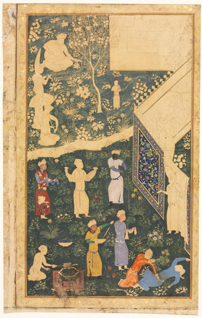 Levá strana dvoustránkového albového folia: Outside a Royal Encampment (recto) od style of Bihzad