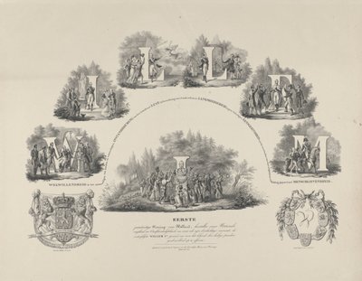 Alegorie o ctnostech krále Viléma I., 1831 William I. První konstituční král Holandska, Obnovitel naší národní svobody a nezávislosti (...) (titul na předmětu) od van der Meulen
