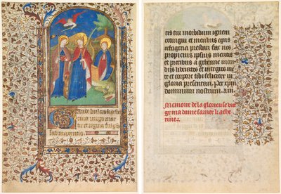 List z knihy hodin: sv. Geneviève, Kateřina Alexandrijská a Margaret (recto) a Text (verso) od workshop of Boucicaut Master