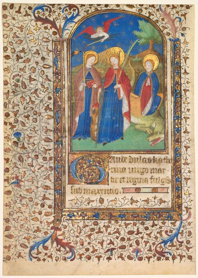 List z knihy hodin: sv. Geneviève, Kateřina Alexandrijská a Margaret (recto) od workshop of Boucicaut Master