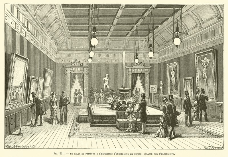 Mnichovská výstava elektřiny, malířský veletrh, osvětlený elektřinou od French School