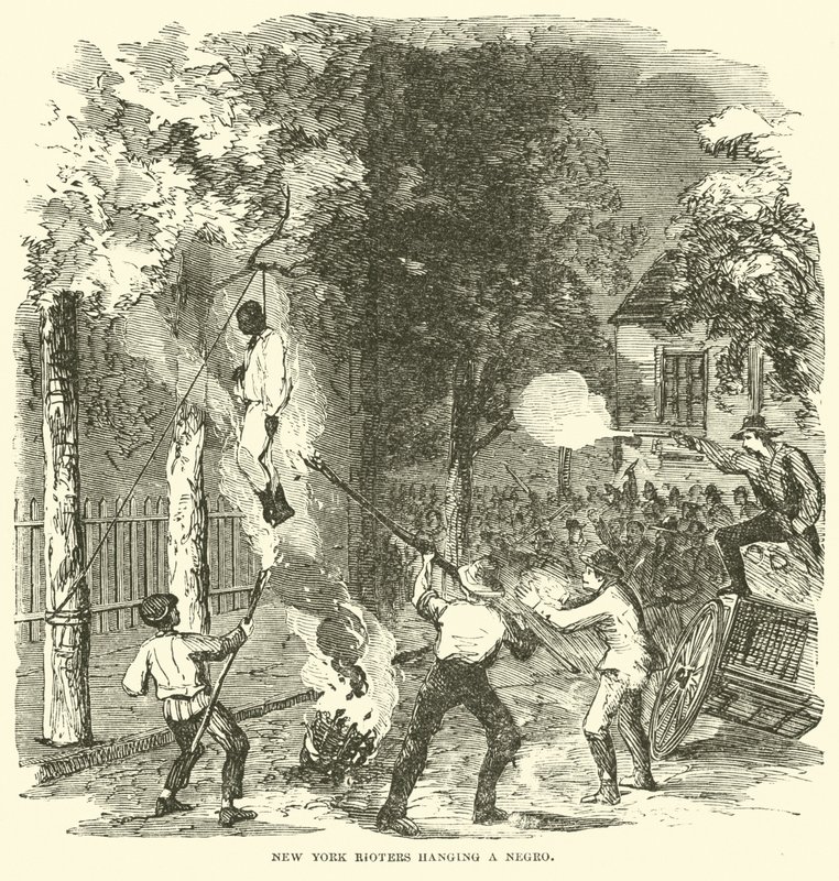 Newyorští výtržníci oběšení černocha, červenec 1863 (rytina) od (after) American School