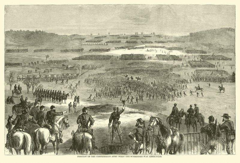 Postavení armády Konfederace, když byla oznámena kapitulace, duben 1865 (rytina) od (after) American School