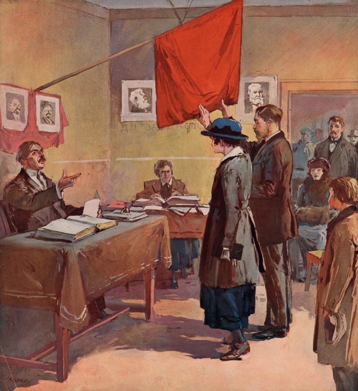 Civilní sňatek provedený provinčním komisařem v sovětském Rusku pod záštitou rudé vlajky (barva litho) od (after) Carrey