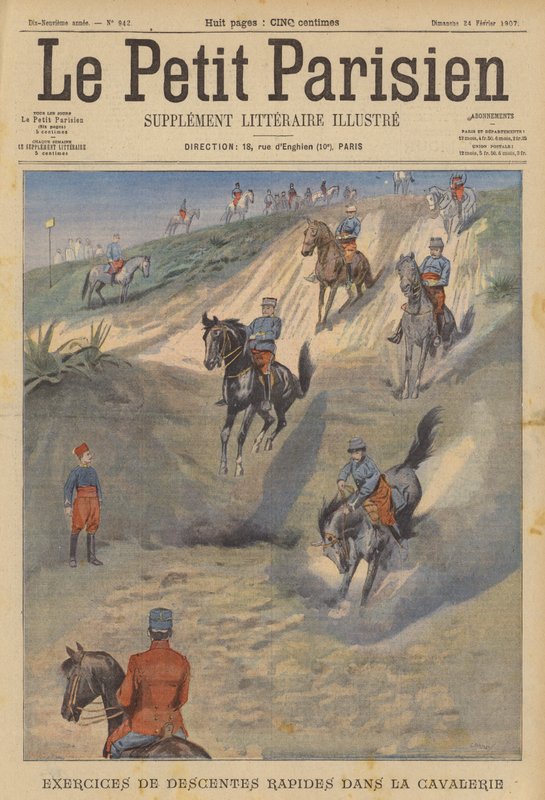Francouzská kavalérie cvičí rychlé strmé sjezdy na koni (barva litho) od (after) Carrey