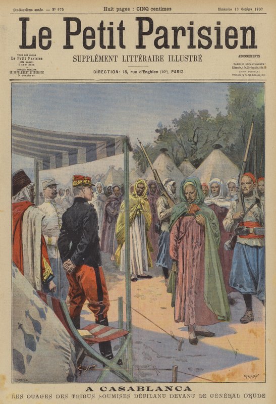 Rukojmí z podrobených marockých kmenů pochodujících kolem generála Drude v Casablance (barva litho) od (after) Carrey