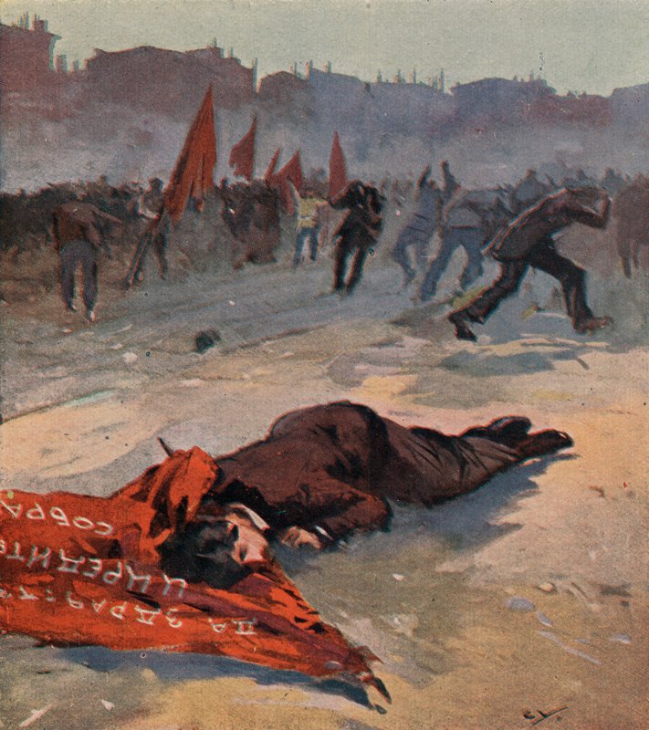 Zabití aktivisty Socialistické revoluční strany jménem Gorbačovskaja bolševickými Rudými gardami během demonstrace, Petrohrad, Rusko od (after) Carrey