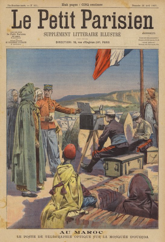 Optický telegraf zřízen v mešitě Oudja, Maroko (barevný litho) od (after) Carrey