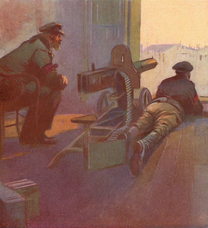 Rudé gardy s kulometem mířícím z okna budovy, ruská revoluce od (after) Carrey