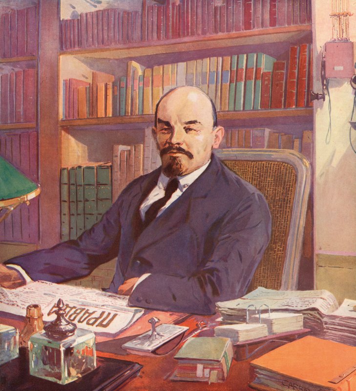 Ruský bolševický vůdce Lenin ve své kanceláři v Kremlu, Moskva, SSSR (barevné lito) od (after) Carrey