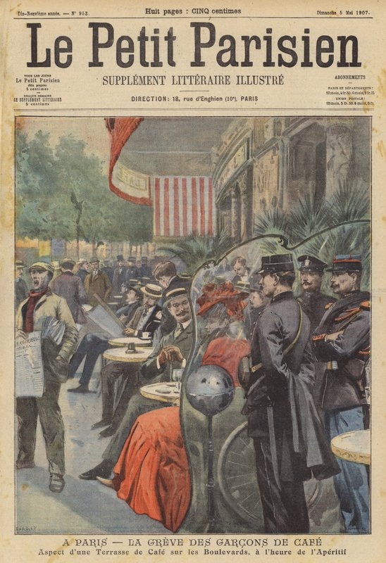 Stávka číšníků v kavárně v Paříži (barva litho) od (after) Carrey