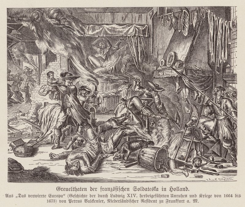 Zvěrstva páchaná francouzskými jednotkami v Holandsku za francouzsko-nizozemské války (rytina) od (after) Dutch School