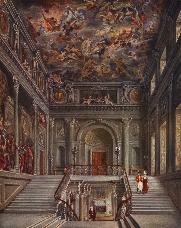 Buckinghamský palác: (barevná litografie): Malované schodiště, Buckinghamský palác. od (after) English School