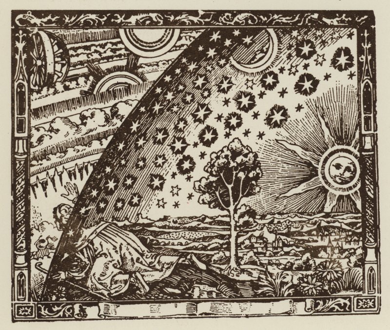 Člověk cestuje na konec Země, reprezentace vesmíru ve středověku (litho) od (after) English School