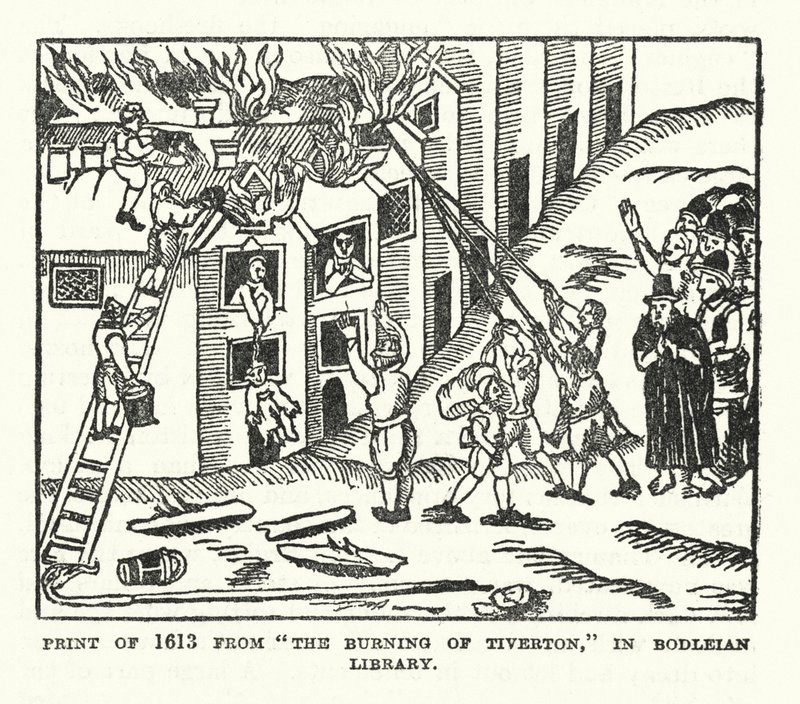 Tisk z roku 1613 z knihy "The Burning of Tiverton" v Bodleian Library (litografie) od (after) English School