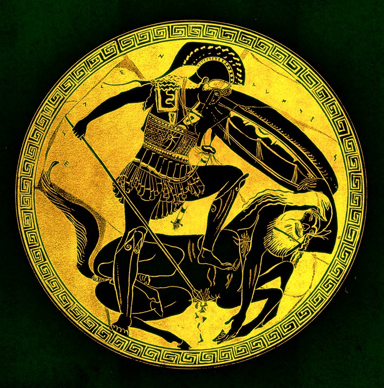 Válečník a kentaur, ilustrace z „Greek Vase Paintings“ od J. E. Harrisona a D. S. MacColl, publikovaná v roce 1894 (digitálně vylepšený obrázek) od (after) English School
