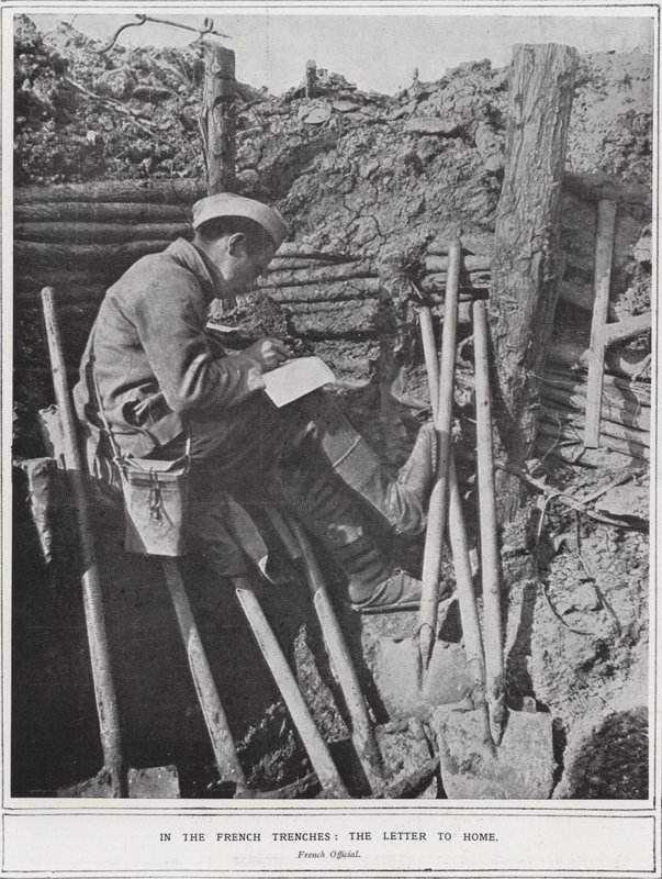 Ve francouzských zákopech, dopis domů (č/b foto) od (after) English photographer