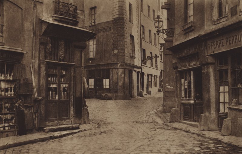 Roh rue Fromentel, rue Saint-Hilaire, rue Jean-de-Beauvais a slepá ulice Charretiere v roce 1866 (černobílá fotografie) od (after) French Photographer