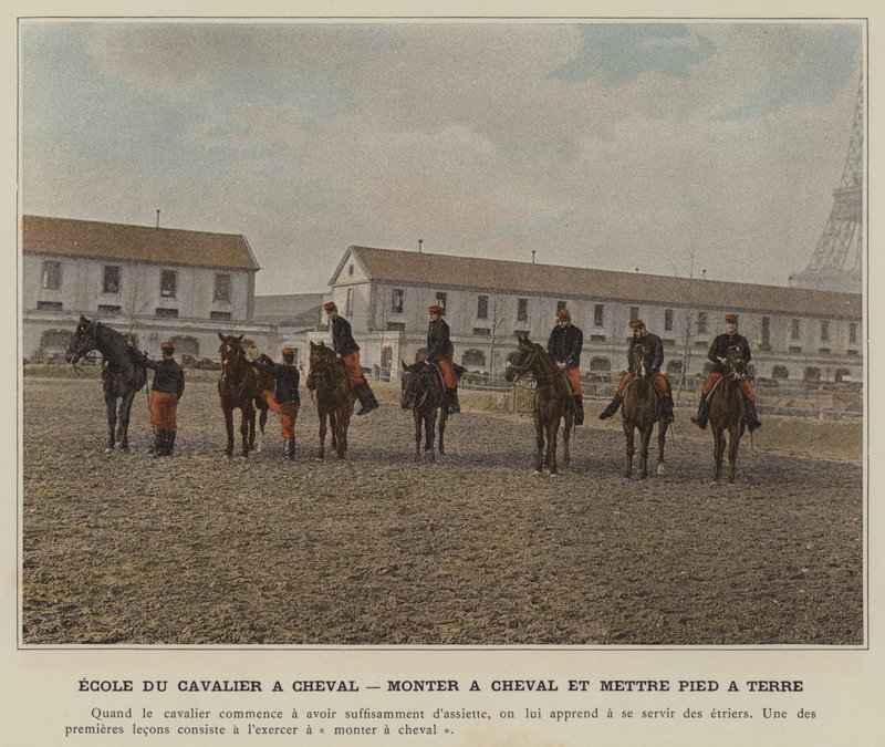 Škola jezdce na koni, jízdě na koni a sesedání (barevné foto) od (after) French Photographer