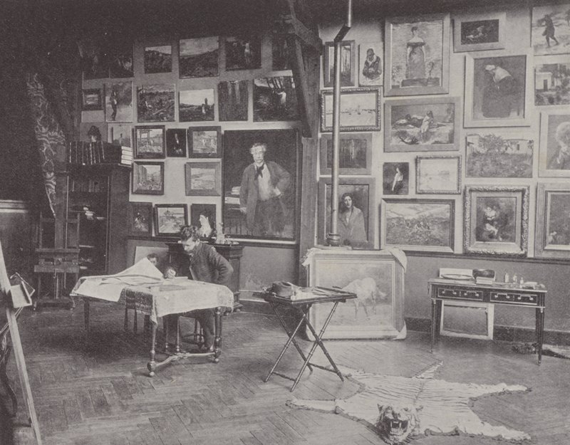 Francouzský malíř Alfred Philippe Roll ve svém ateliéru (č/b foto) od (after) French Photographer