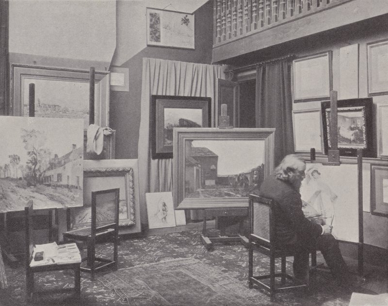 Francouzský malíř Jean Charles Cazin ve svém ateliéru (č/b foto) od (after) French Photographer