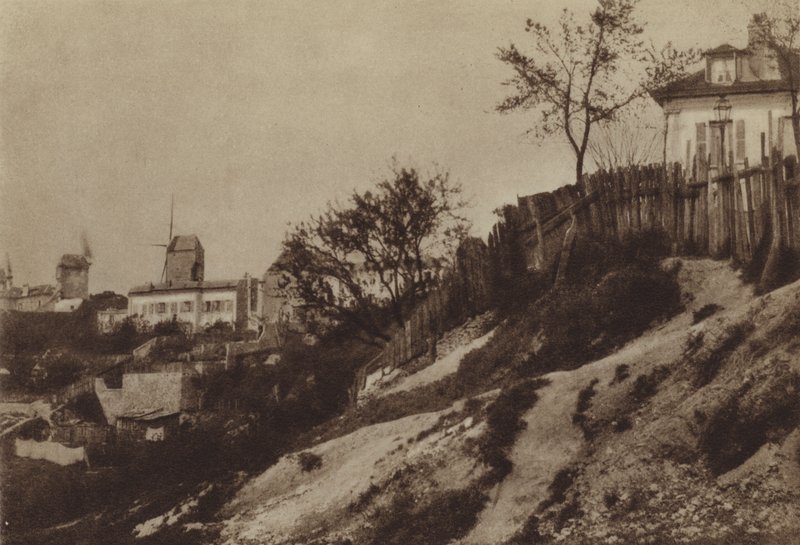 Zahrady Montmartru s větrným mlýnem Blute-fin kolem roku 1860 (černobílá fotografie) od (after) French Photographer