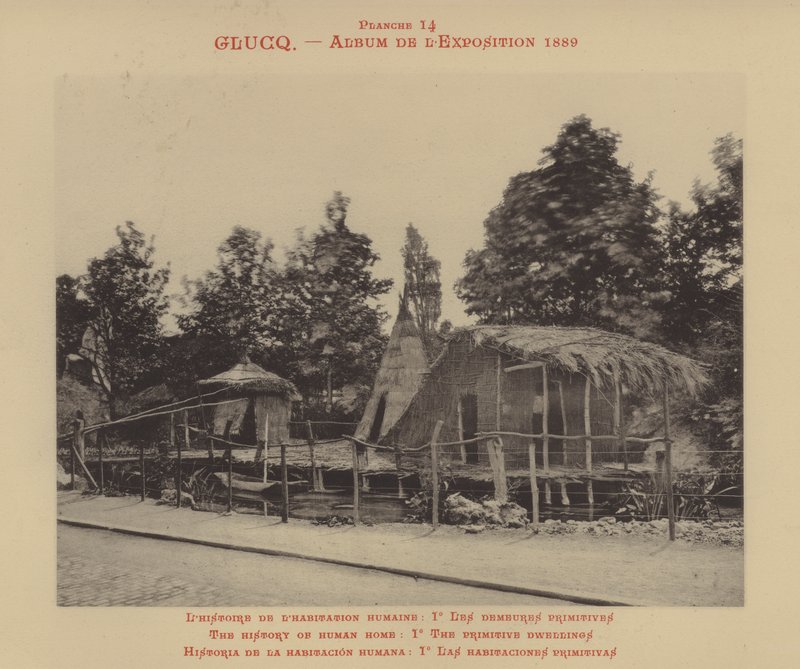 Historie lidského domova, Io primitivních obydlí (černobílá fotografie) od (after) French Photographer