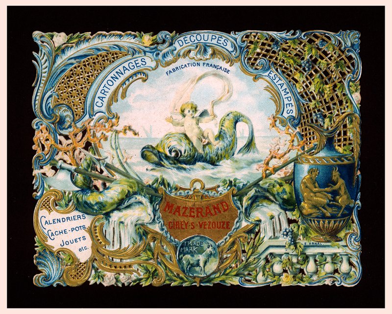 Reklamní karta tiskárny Mazerand, Cirey-sur-Vezouze, Francie (chromolitografie) od (after) French School