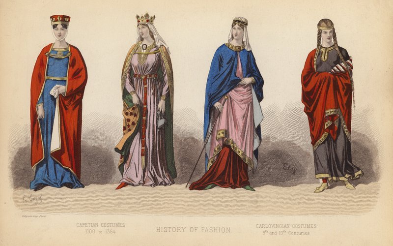 Móda ve Francii: (barevná rytina): Kapetovské kostýmy 1100 až 1364; karlovské kostýmy 9. a 10. století (barevná rytina) od (after) French School
