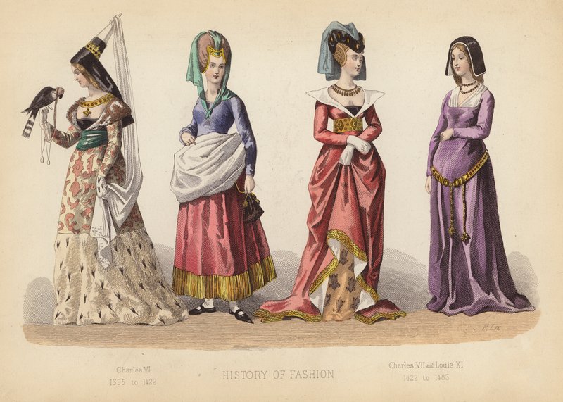 Móda ve Francii: Karel VI. 1395 až 1422; Karel VII. a Ludvík XI. 1422 až 1483 (kolorovaná rytina) od (after) French School