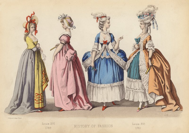 Móda ve Francii: 1789; Ludvík XVI 1780 (kolorovaná rytina) od (after) French School
