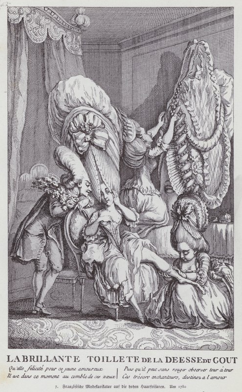 Francouzské karikatury parodující ženské účesy té doby od (after) French School