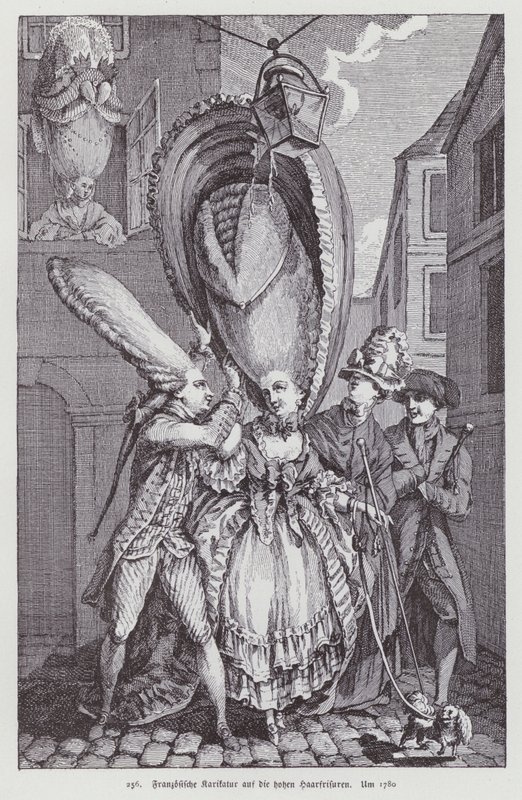 Francouzské karikatury parodující ženské účesy té doby od (after) French School