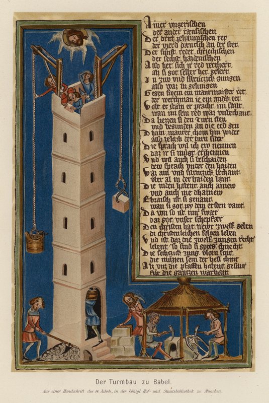 Stavba babylonské věže (barevná litografie) od (after) German School