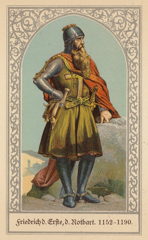 Fridrich Barbarossa, císař Svaté říše římské (barevná litografie) od (after) German School