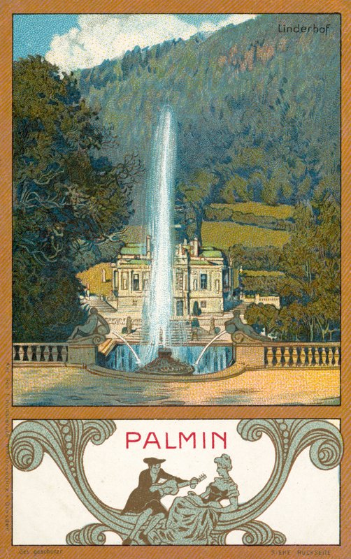 Zámek Linderhof, Bavorsko (chromolitho) od (after) German School