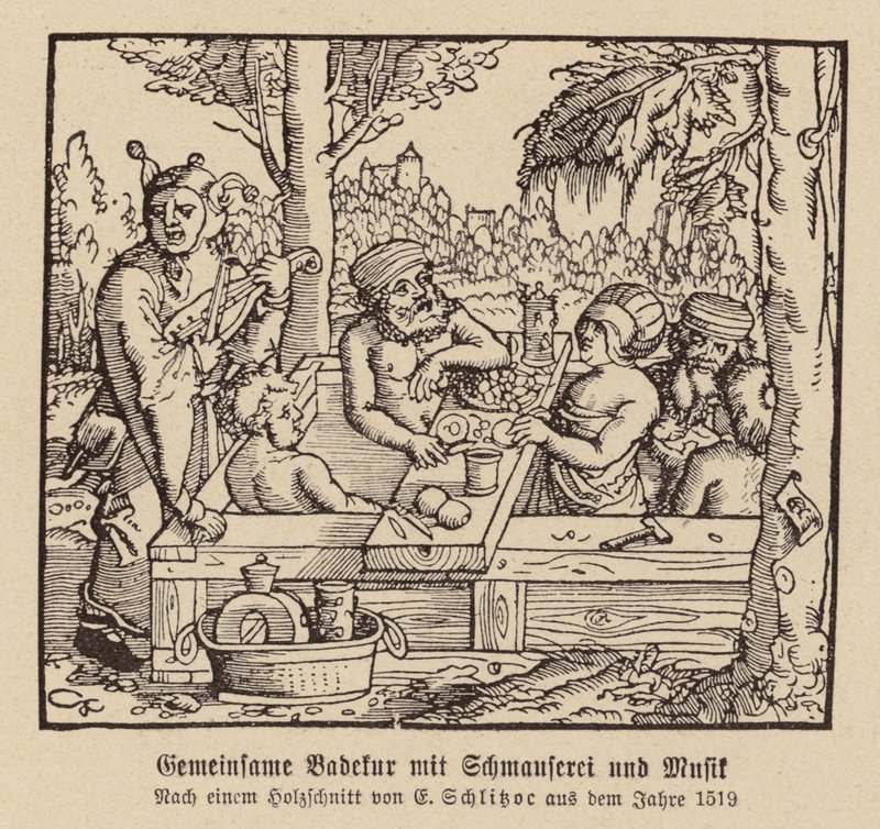 Smíšené lázeňské koupání s hodováním a hudbou (dřevoryt) od (after) German School