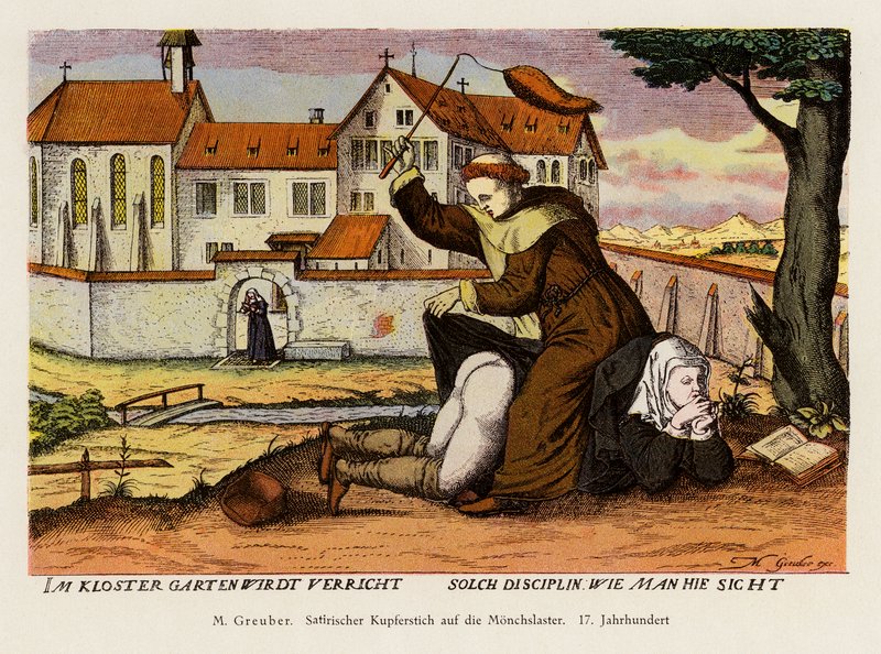 Mnich kárá jeptišku v klášterní zahradě (barevná litografie) od (after) German School