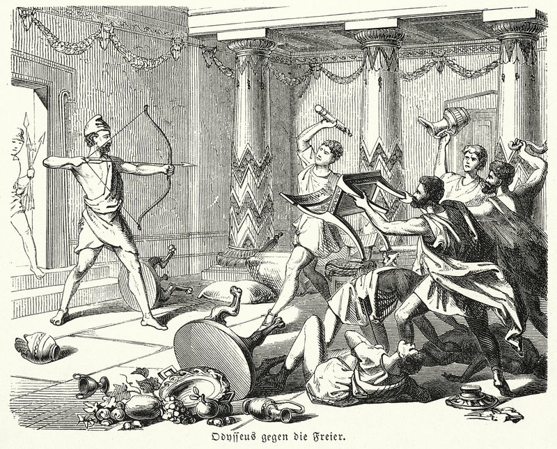 Odysseus zabíjí nápadníky Penelopy (rytina) od (after) German School